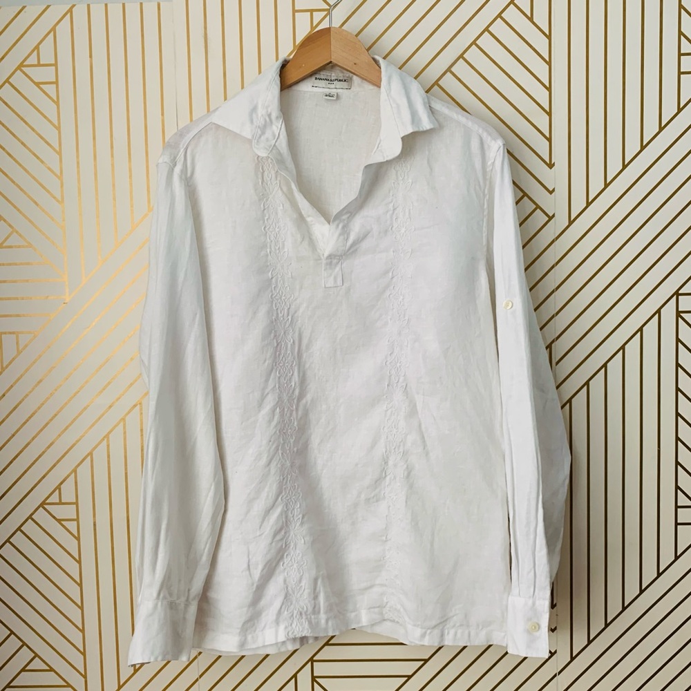 Banana Republic Mens White 100% Linen Shirt Medium 15-15.5 Button-Up Embroidered